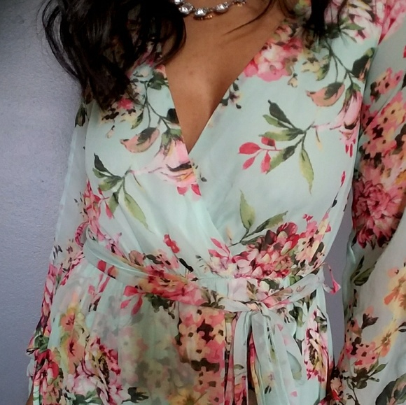 💕20%OFF💕MINT GREEN PINK FLORAL HIGH LOW DRESS - Picture 6 of 7